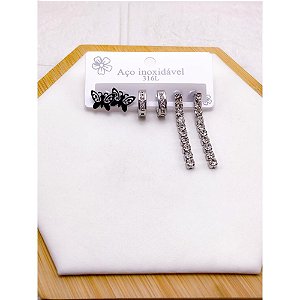 CARTELA TRIO BRINCO AÇO INOX  PEDRA CRISTAL BORBOLETA - PRATEADO