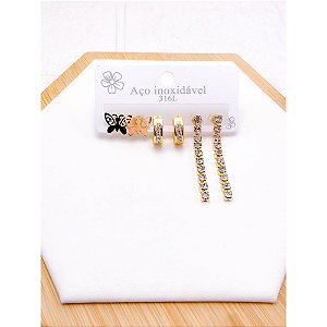 CARTELA TRIO BRINCO AÇO INOX  PEDRA CRISTAL BORBOLETA - DOURADO