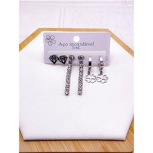 CARTELA TRIO BRINCO AÇO INOX  PEDRA CRISTAL TREVO - PRATEADO