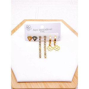 CARTELA TRIO BRINCO AÇO INOX  PEDRA CRISTAL TREVO - DOURADO