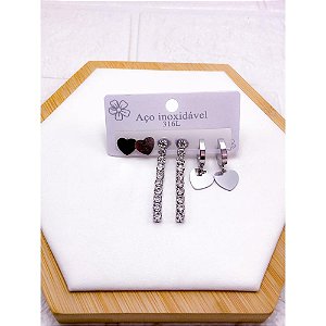 CARTELA TRIO BRINCO AÇO INOX  PEDRA CRISTAL CORAÇÃO - PRATEADO