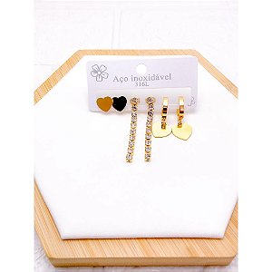CARTELA TRIO BRINCO AÇO INOX  PEDRA CRISTAL CORAÇÃO - DOURADO