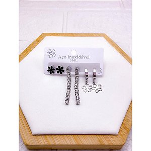 CARTELA TRIO BRINCO AÇO INOX  PEDRA CRISTAL FLOR - PRATEADO