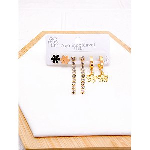 CARTELA TRIO BRINCO AÇO INOX  PEDRA CRISTAL FLOR - DOURADO