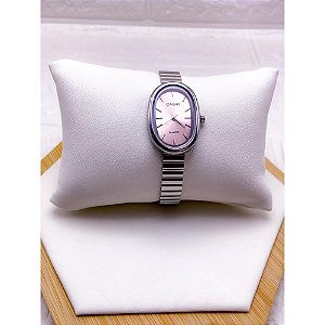 RELÓGIO VINTAGE CAIXA OVAL AÇO INOXIDAVEL FEMININO FUNDO ROSA - PRATEADO