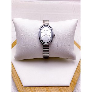 RELÓGIO VINTAGE CAIXA OVAL AÇO INOXIDAVEL FEMININO FUNDO BRANCO - PRATEADO