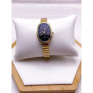 RELÓGIO VINTAGE CAIXA OVAL AÇO INOXIDAVEL FEMININO FUNDO PRETO - DOURADO