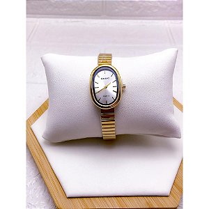 RELÓGIO VINTAGE CAIXA OVAL AÇO INOXIDAVEL FEMININO FUNDO BRANCO - DOURADO