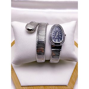 RELÓGIO SERPENTI COBRA CRAVEJADO CAIXA E PULSEIRA EM AÇO INOXIDÁVEL FUNDO PRETO - PRATEADO