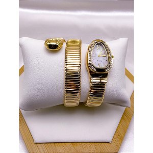 RELÓGIO SERPENTI COBRA CRAVEJADO CAIXA E PULSEIRA EM AÇO INOXIDÁVEL FUNDO PEROLADO - DOURADO