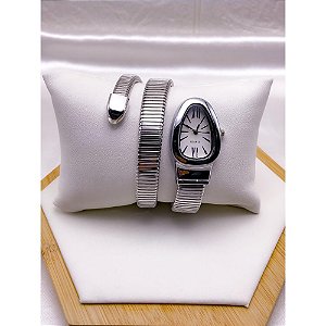 RELÓGIO SERPENTI COBRA CAIXA E PULSEIRA EM AÇO INOXIDÁVEL FUNDO BRANCO - PRATEADO