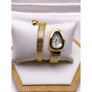 RELÓGIO SERPENTI COBRA CAIXA E PULSEIRA EM AÇO INOXIDÁVEL FUNDO BRANCO - DOURADO