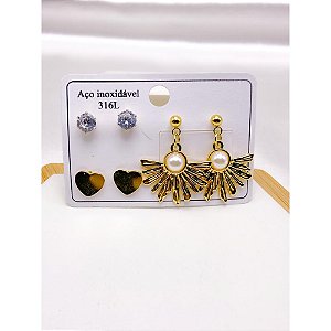 CARTELA 3 PARES BRINCO AÇO INOX  PEROLA  - DOURADO