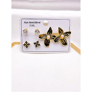 CARTELA 3 PARES BRINCO AÇO INOX  FLOR  - DOURADO