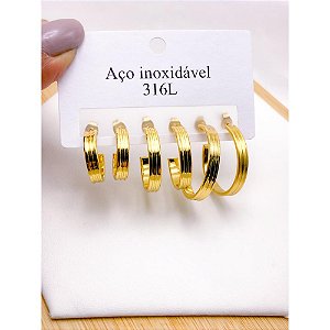CARTELA 3 PARES BRINCO AÇO INOX  ARGOLAS  3 FIOS- DOURADO