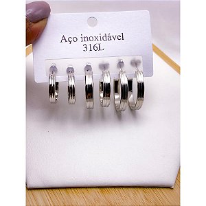 CARTELA 3 PARES BRINCO AÇO INOX  ARGOLAS  3 FIOS- PRATEADA