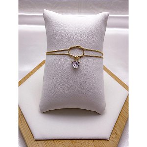 PULSEIRA AÇO INOX DUPLA NÓ CORAÇÃO PEDRA CRISTAL - DOURADA (17CM+4CM EXTENSOR)