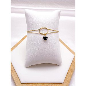 PULSEIRA AÇO INOX DUPLA NÓ CORAÇÃO PEDRA PRETA - DOURADA (17CM+4CM EXTENSOR)