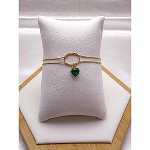 PULSEIRA AÇO INOX DUPLA NÓ CORAÇÃO PEDRA VERDE - DOURADA (17CM+4CM EXTENSOR)
