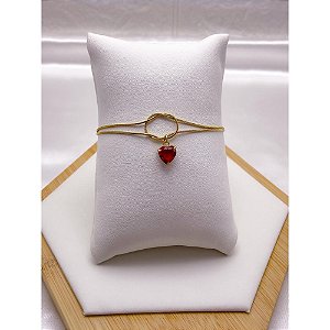 PULSEIRA AÇO INOX DUPLA NÓ CORAÇÃO PEDRA VERMELHA - DOURADA (17CM+4CM EXTENSOR)