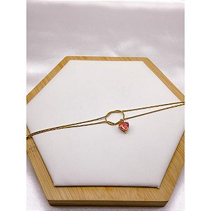 PULSEIRA AÇO INOX DUPLA NÓ CORAÇÃO PEDRA VERMELHO CLARO - DOURADA (17CM+4CM EXTENSOR)
