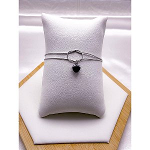 PULSEIRA AÇO INOX DUPLA NÓ CORAÇÃO PEDRA PRETA - PRATEADA (17CM+4CM EXTENSOR)