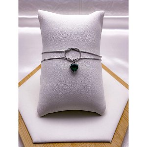 PULSEIRA AÇO INOX DUPLA NÓ CORAÇÃO PEDRA VERDE - PRATEADA (17CM+4CM EXTENSOR)