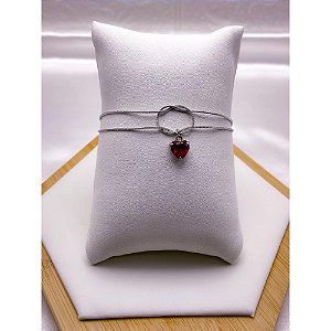 PULSEIRA AÇO INOX DUPLA NÓ CORAÇÃO PEDRA VERMELHA - PRATEADA (17CM+4CM EXTENSOR)