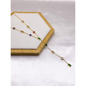 COLAR AÇO INOX LONGUINHO 50CM PEDRAS COLORIDAS - DOURADO