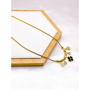 COLAR AÇO INOX  45CM PINGENTE TREVO PRETO - DOURADO