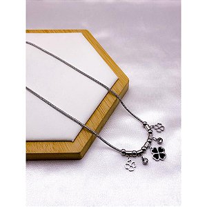 COLAR AÇO INOX  45CM PINGENTE TREVO PRETO - PRATEADO