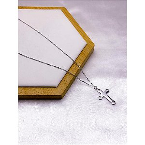 COLAR AÇO INOX  45CM PINGENTE CRUZ - PRATEADO