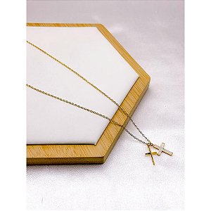 COLAR AÇO INOX  45CM CRUZ PEROLADA  - DOURADO