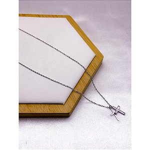 COLAR AÇO INOX  45CM CRUZ PEROLADA  - PRATEADO