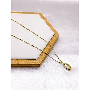 COLAR AÇO INOX  45CM CRUZ PEDRA PEROLADA  - DOURADO