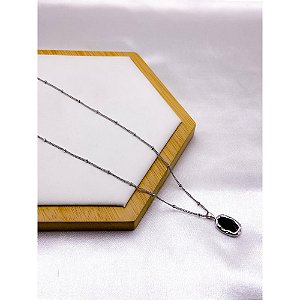 COLAR AÇO INOX  45CM CRUZ PEDRA PRETA  - PRATEADO