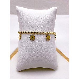 PULSEIRA AÇO INOX CORRENTE  BOLINHAS PINGENTES NOSSA SENHORA - DOURADA