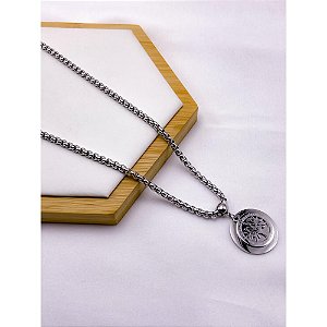 COLAR AÇO INOX  45CM ELO PIPOCA PINGENTE ARVORE DA VIDA - PRATEADO