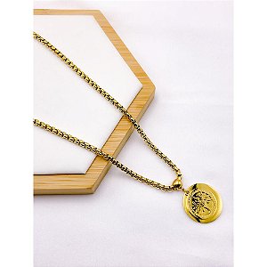 COLAR AÇO INOX  45CM ELO PIPOCA PINGENTE ARVORE DA VIDA - DOURADO