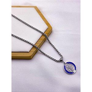COLAR AÇO INOX  45CM ELO PIPOCA PINGENTE SÃO BENTO - PRATEADO