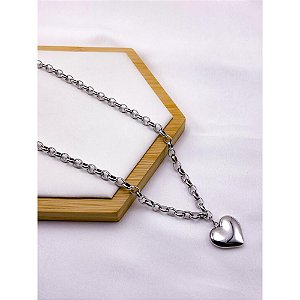 COLAR AÇO INOX  45CM ELO PORTUGUES PINGENTE CORAÇÃO - PRATEADO