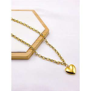 COLAR AÇO INOX  45CM ELO PORTUGUES PINGENTE CORAÇÃO - DOURADO