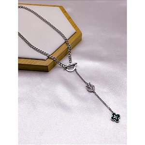 COLAR AÇO INOX  45CM ESTILO GRAVATINHA FECHO T TREVO VERDE - PRATEADO