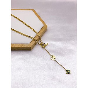 COLAR AÇO INOX  45CM ESTILO GRAVATINHA FECHO T TREVO VERDE - DOURADO