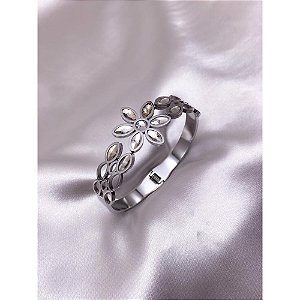 BRACELETE AÇO INOX FLOR PEDRA CRISTAL - PRATEADO