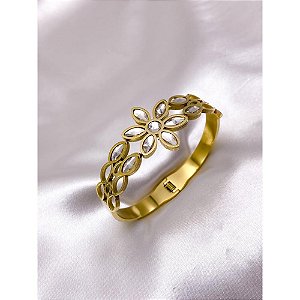 BRACELETE AÇO INOX FLOR PEDRA CRISTAL - DOURADO