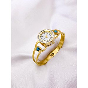 BRACELETE RELOGIO AÇO INOXIDÁVEL PEDRA TURQUESA - DOURADO