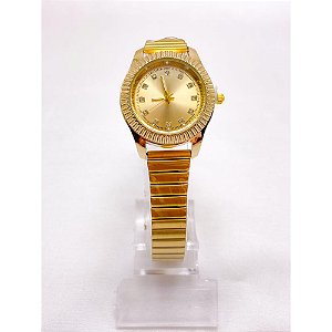 RELÓGIO AÇO INOXIDAVEL FEMININO VISOR REDONDO FUNDO DOURADO - DOURADO
