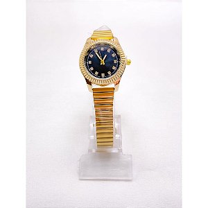 RELÓGIO AÇO INOXIDAVEL FEMININO VISOR REDONDO FUNDO PRETO - DOURADO