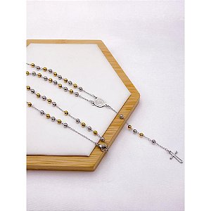 TERÇO BOLINHAS 60CM AÇO INOXIDÁVEL SÃO BENTO - DOURADO E PRATEADO